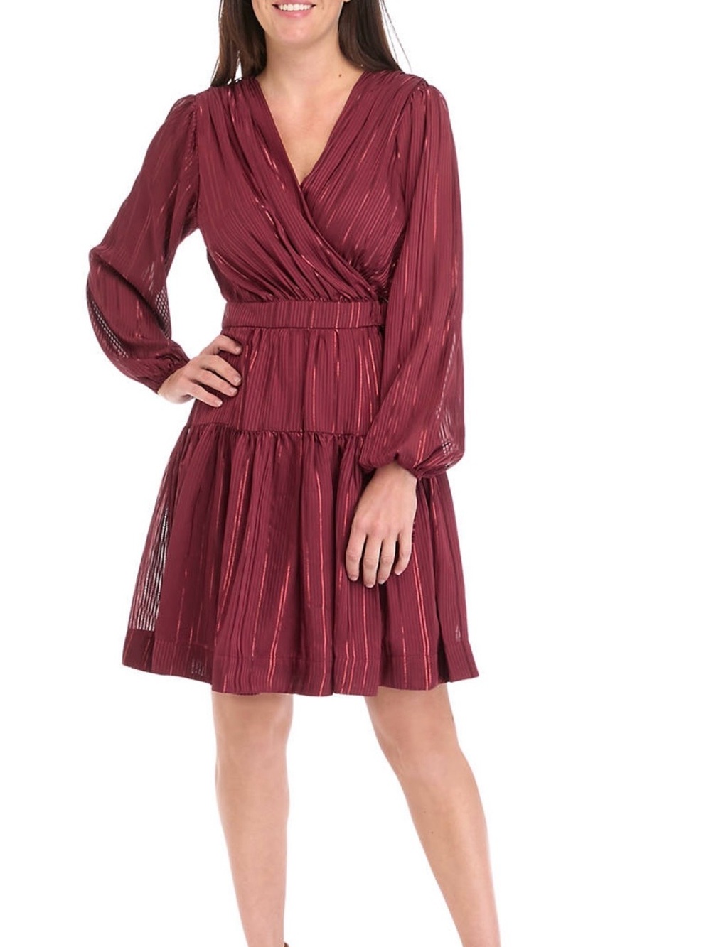 Taylor Port Wine Pinstriped Belted Dress